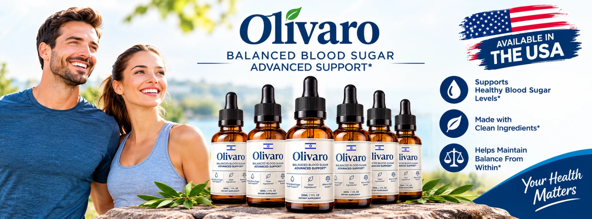Olivaro Blood Sugar dropper bottles on stone with olive leaves and the Olivaro logo