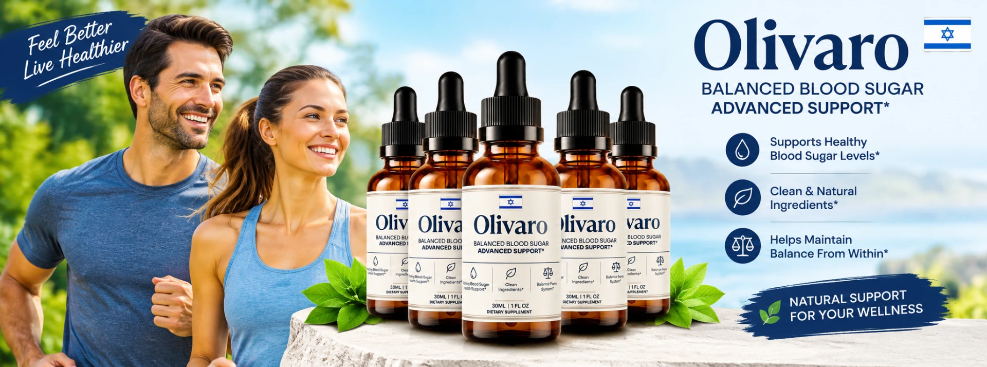 Olivaro Blood Sugar balanced blood sugar advanced support — bottles with olive leaves and lifestyle banner